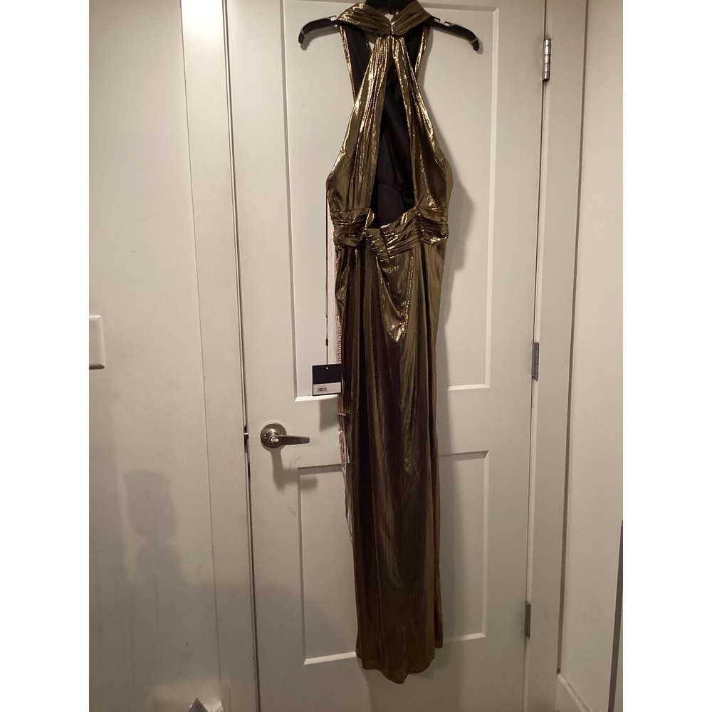Ieena for Mac Duggal Gold Metallic Halter Gown High Slit Formal Dress 14 - Picture 4 of 11